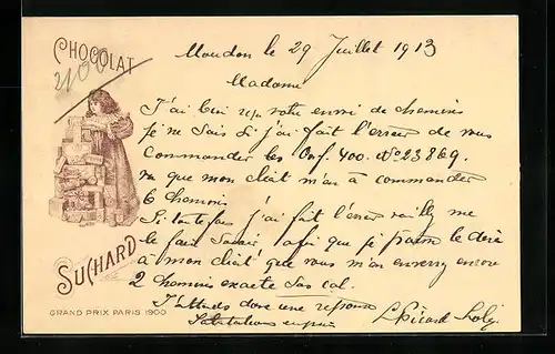 AK Reklame für Chocolat Suchard, Mädchen mit einem Berg Schokolade