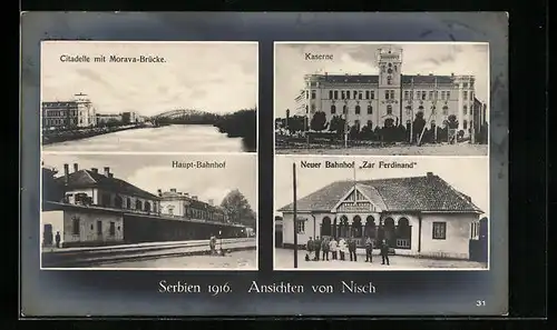 AK Nisch, Neuer Bahnhof Zar Ferdinand, Haupt-Bahnhof, Kaserne