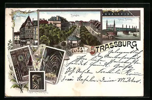 Lithographie Strassburg, Behler Brücke, Broglie-Platz, Treppe im Frauenhaus