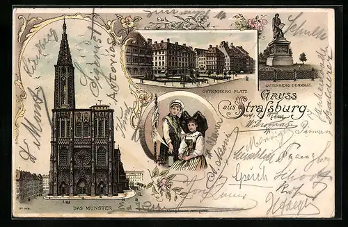 Lithographie Strassburg, Münster, Gutenberg-Denkmal, Gutenberg-Platz