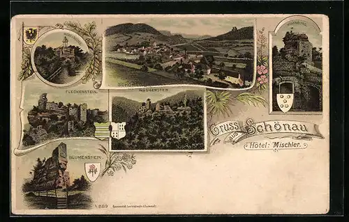 Lithographie Schönau, Ortsansicht mit Hotel Mischler, Fleckenstein