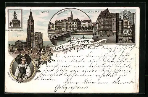 Lithographie Strassburg, Französ. Schloss, Münster Uhr, Gutenberg-Denkmal