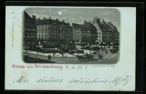 Mondschein-Lithographie Strassburg, Gutenberg-Platz mit Pferdebahn und Kutsche