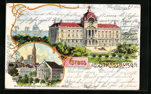 Lithographie Strassburg, Blick vom Kaiserpalast nach Theater und Munster, Kaiserpalast