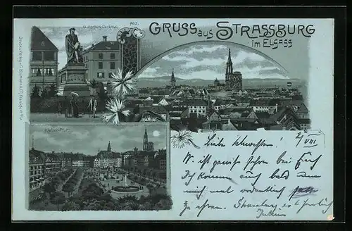 Mondschein-Lithographie Strassburg, Gutenberg-Denkmal, Kleber-Platz