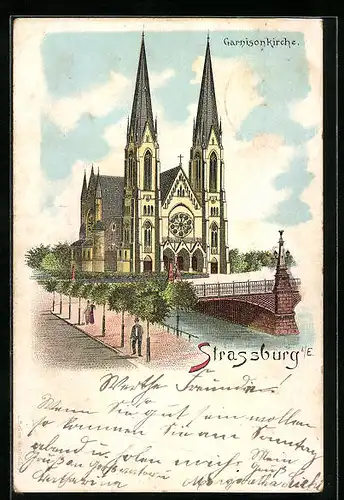 Lithographie Strassburg, Darstellung der Garnisonkirche