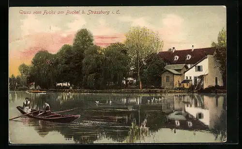 AK Strassburg, Partie Fuchs am Buckel, vorn ein Ruderboot mit zwei Damen