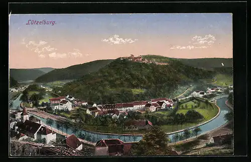 AK Lützelburg, Blick aus der Vogelschau auf Ort und Burg
