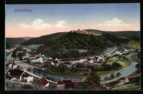 AK Lützelburg, Blick von oben auf Ort und Burg