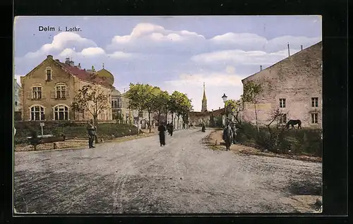 AK Delm i. Lothr., Strassenpartie mit Soldatenheim