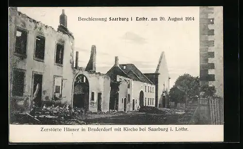 AK Bruderdorf, Zerstörte Häuser mit Kirche