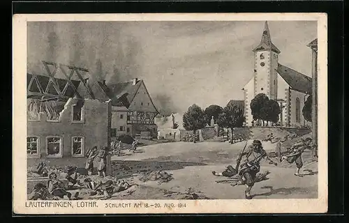 Künstler-AK Lauterfingen, Schlacht 1914, Ortspartie mit Soldaten