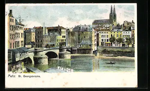 Lithographie Metz, St. Georgsbrücke mit Kirche