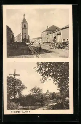 AK Foulcrey, Strassenpartie mit Kirche, Flurkreuz gegen Ort