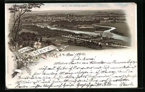 Vorläufer-Lithographie Metz, 1894, Totalansicht vom Fort St. Quentin