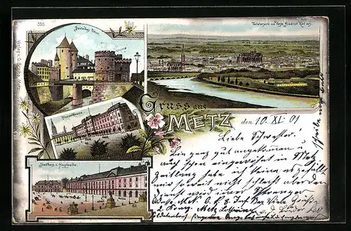 Lithographie Metz, Stadthaus u. Hauptwache, Deutsches Thor, Pionier-Kaserne