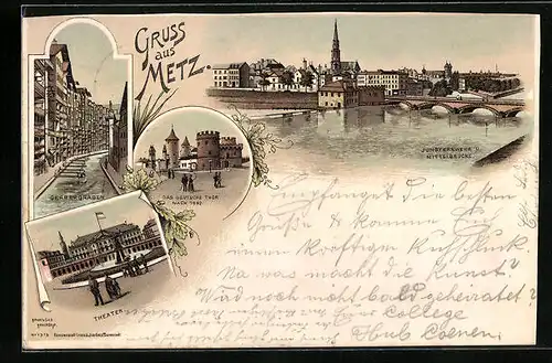 Lithographie Metz, Deutsches Thor, Jungfernwehr u. Mittelbrücke, Gerbergraben