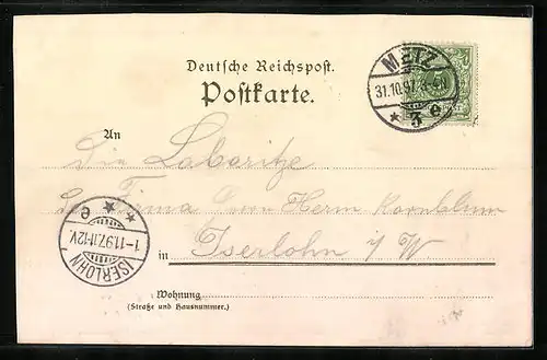 Lithographie Metz, Deutsches Thor, Jungfernwehr u. Mittelbrücke, Gerbergraben