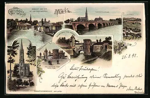 Lithographie Metz, Todtenbrücke, Deutsches Thor, Garnison-Kirche
