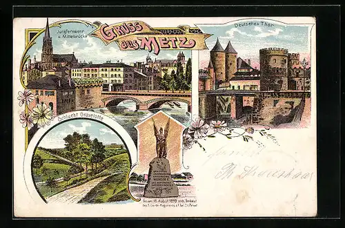 Lithographie Metz, Schlucht Gravelotte, Deutsches Thor, Jungfernwehr