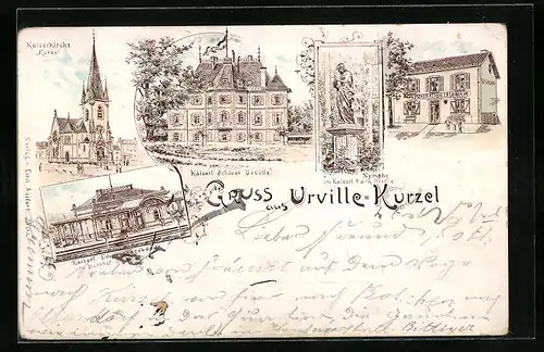 Lithographie Urville-Kurzel, Restaurant J. P. Lorrain, Bahnhof, Kaiserl. Schloss