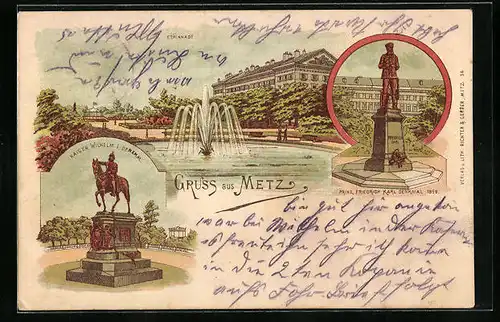 Lithographie Metz, Kaiser Wilhelm I. Denkmal, Esplanade