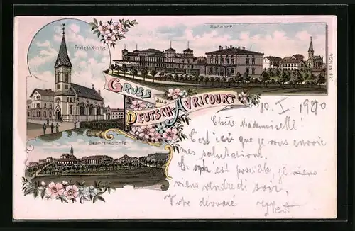 Lithographie Deutsch-Avricourt, Beamtenkolonie, Bahnhof, Protest. Kirche