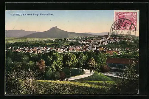 AK Hechingen, Totalansicht mit Burg Hohenzollern