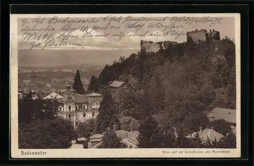 AK Badenweiler, Blick auf die Schlossruine und Rheinebene