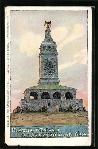 Künstler-AK Berg, Bismarck-Turm am Starnberger See