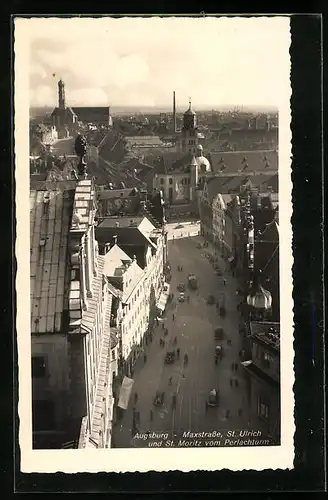 AK Augsburg, Maxstrasse, St. Ulrich und St. Moritz, vom Perlachturm aus