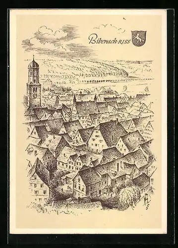 Künstler-AK Biberach /Riss, Totalansicht mit Kirchturm