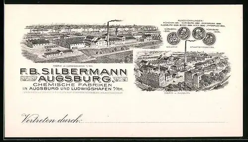Vertreterkarte Augsburg, F. B. Silbermann, Chemische Fabriken, Fabriksansichten
