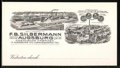 Vertreterkarte Augsburg, F. B. Silbermann, Chemische Fabriken, Ansichtern der Fabriken