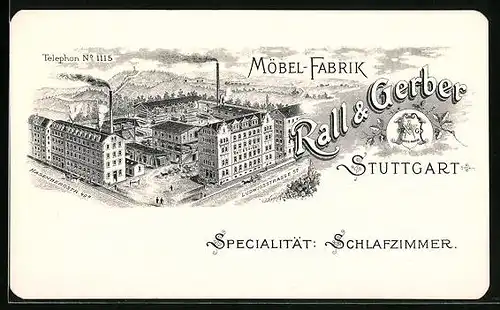 Vertreterkarte Stuttgart, Möbel-Fabrik Rall & Gerber, Fabrikansicht