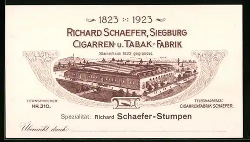 Vertreterkarte Siegburg, Cigarren- und Tabak Fabrik Richard Schaefer, Blick auf das Stammhaus