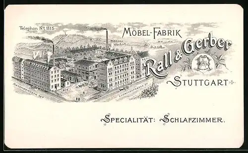 Vertreterkarte Stuttgart, Möbel-Fabrik rall & Gerber, Blick auf das Werk in der Ludwigstr. 57