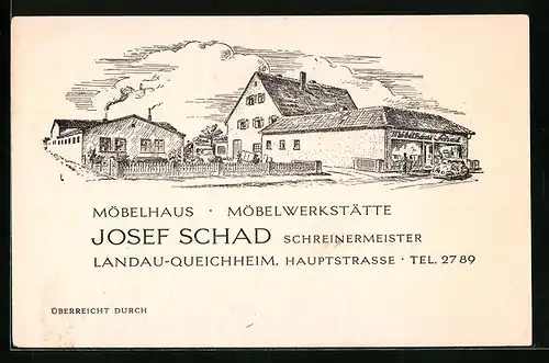 Vertreterkarte Landau-Queichheim, Möbelhaus und Möbelwerkstätte Josef Schad, Ansicht der Häuser