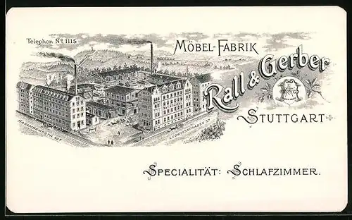 Vertreterkarte Stuttgart, Möbel-Fabrik Rall & Gerber, Ansicht der Fabrik