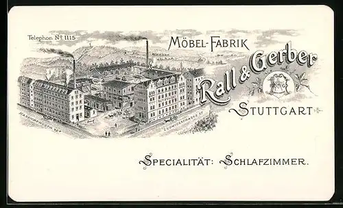 Vertreterkarte Stuttgart, Möbel-Fabrik Rall & Gerber, Ansicht der Fabrik in der Ludwigstr. 57