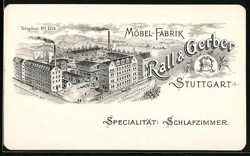 Vertreterkarte Stuttgart, Möbel-Fabrik Rall & Gerber, Ansicht der Fabrikanlagen