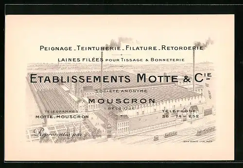 Vertreterkarte Mouscron, Etablissements Motte & Cie., Peignage-Teinturereie, Werksansicht