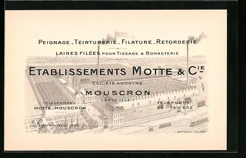 Vertreterkarte Mouscron, Etablissements Motte & Cie., Peignage-Teinturerie, Werksansicht