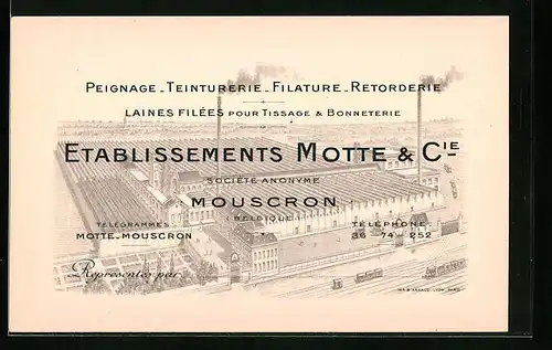 Vertreterkarte Mouscron, Etablissements Motte & Cie., Peignage-Teinturerie, Werksansicht