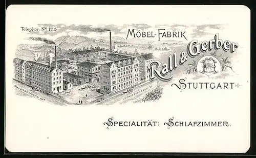 Vertreterkarte Stuttgart, Möbel-Fabrik Rall & Gerber, Blick auf die Werke