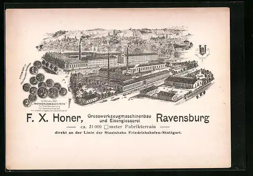 Vertreterkarte Ravensburg, Grosswerkzeugmaschinenbau und Eisengiesserei F. X. Horner, Blick auf das Werk