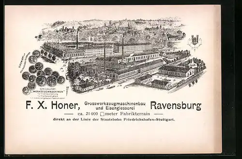 Vertreterkarte Ravensburg, Grosswerkzeugmaschinenbau und Eisengiesserei F. X. Honer, Werksansicht