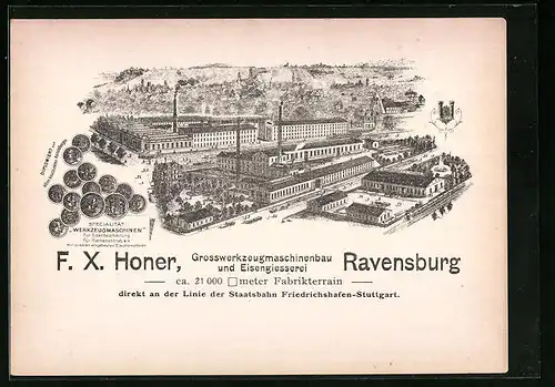 Vertreterkarte Ravensburg, Grosswerkzeugmaschinenbau und Eisengiesserei F. X. Honer, Werksansicht