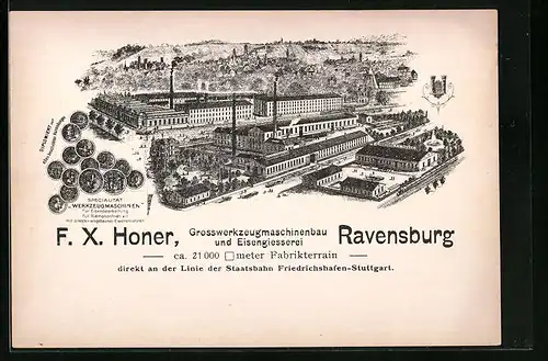 Vertreterkarte Ravensburg, Grosswerkzeugmaschinenbau und Eisengiesserei F. X. Honer, Werksansicht