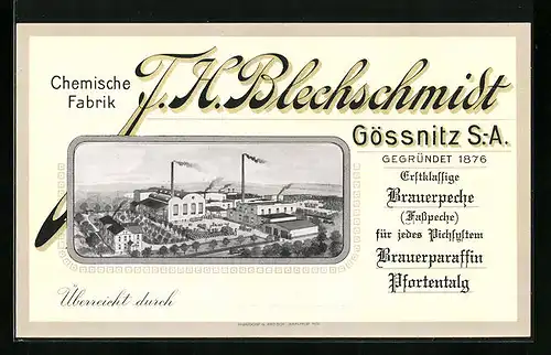 Vertreterkarte Gössnitz, Chemische Fabrik F. H. Belchscmidt, Blick auf die Fabrik